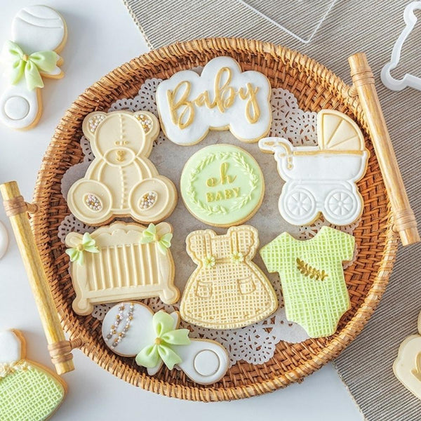 Baby Birthday Shower Teddy Bear Crib Stroller Rattle Dress Bodysuit Cookie Stamp DIY