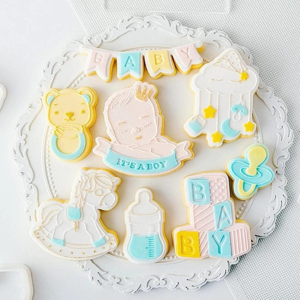 It’s a Boy Baby Shower Cookie Cutter & Stamp - Rocking Horse Banner Pacifier Bottle Rattle DIY