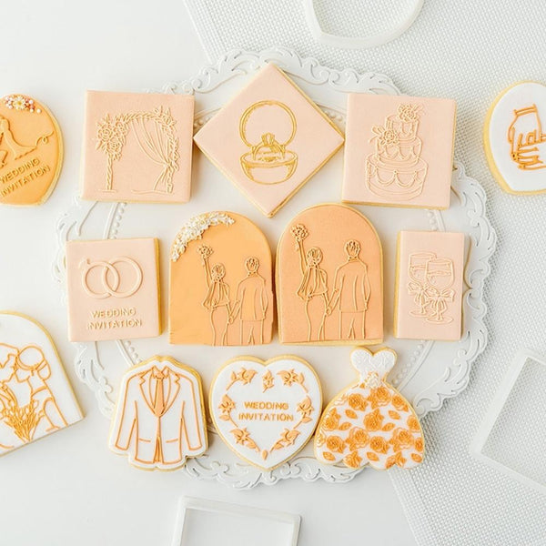 Wedding Collection Cookie Cutter & Stamp - Dress Cake Ring Gate Suit Champagne Glass Roses DIY